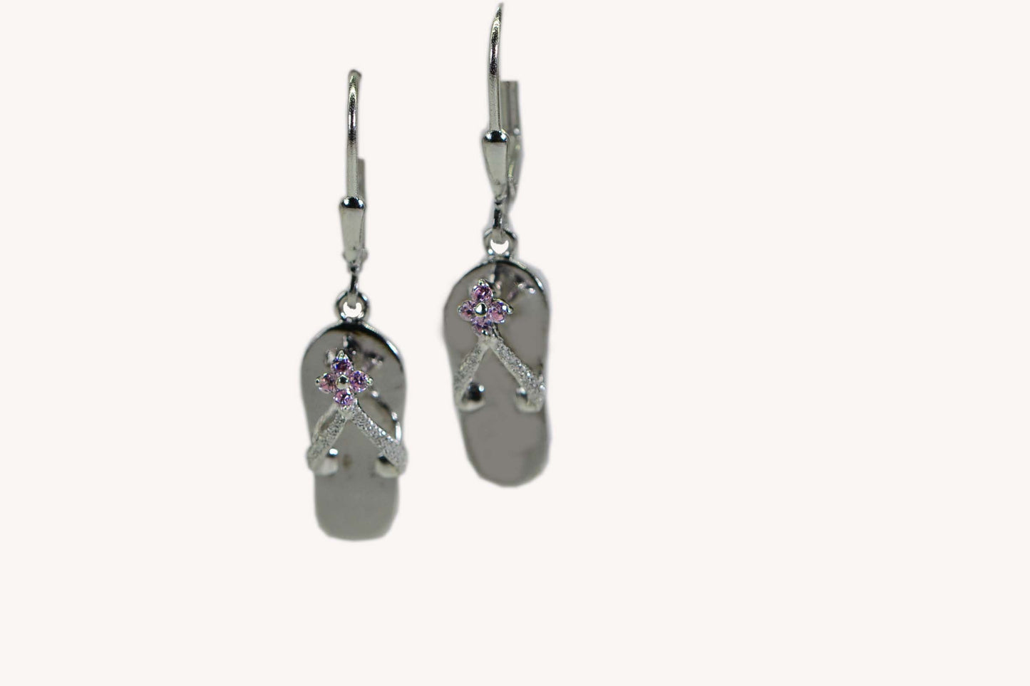 Sandals Dangle Earrings: Pink Simulated Diamond Sterling Silver Rhodium Finish