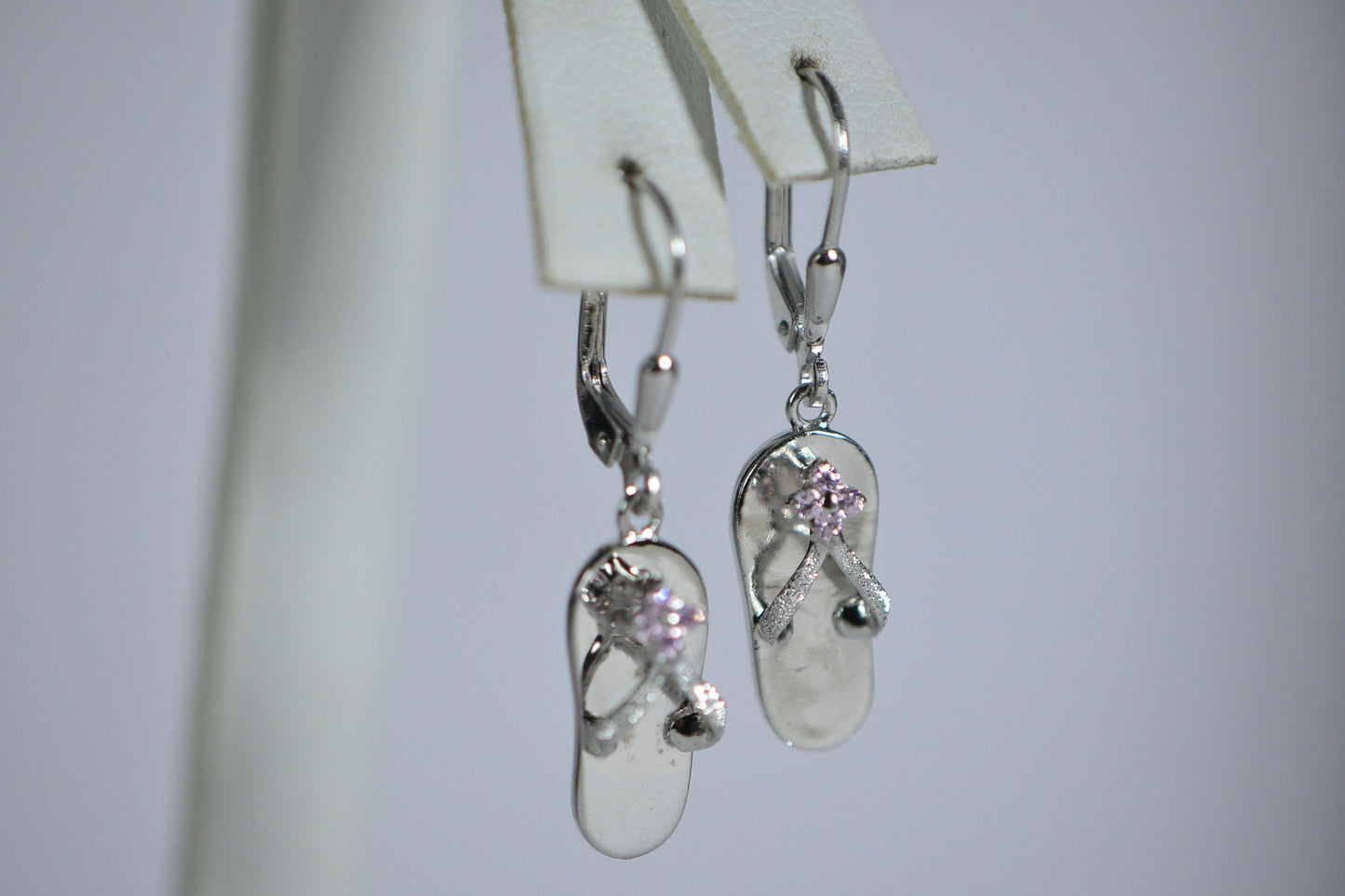 Sandals Dangle Earrings: Pink Simulated Diamond Sterling Silver Rhodium Finish