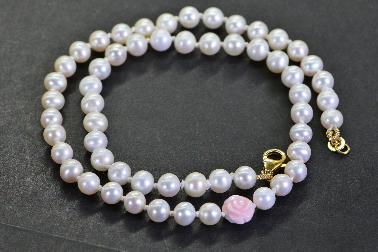 Freshwater Pearl Necklace: Queen Conch Shell Rose, Knotted Pearl Choker