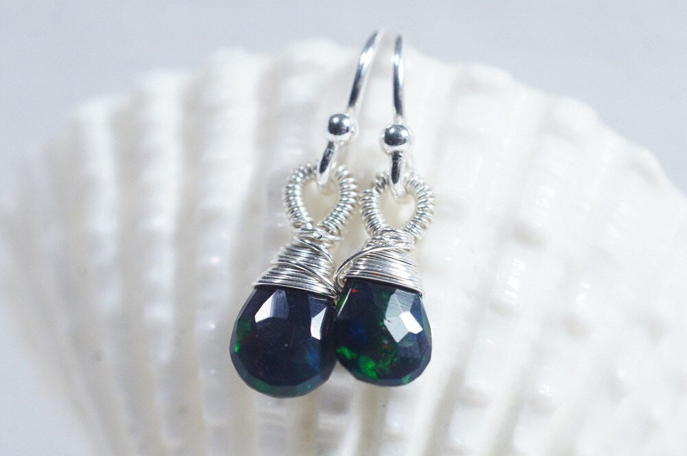 Ethiopian Black Opal Drop Earrings Tiny Earrings Sterling Silver Wire Birthstone October
