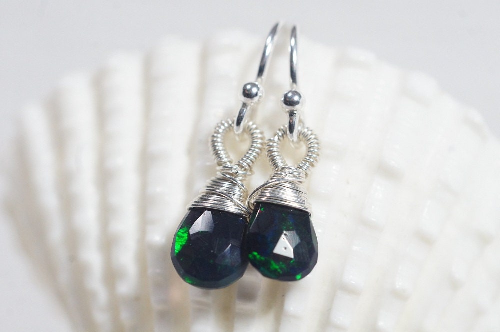 Ethiopian Black Opal Drop Earrings Tiny Earrings Sterling Silver Wire Birthstone October