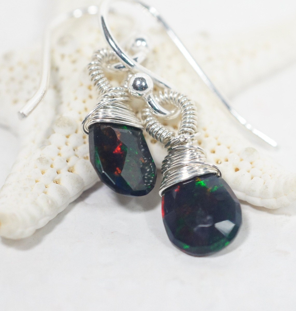 Ethiopian Black Opal Drop Earrings Tiny Earrings Sterling Silver Wire Birthstone October
