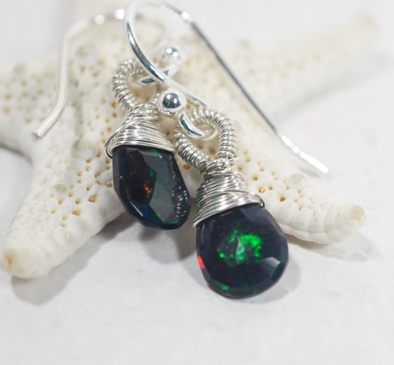 Ethiopian Black Opal Drop Earrings Tiny Earrings Sterling Silver Wire Birthstone October