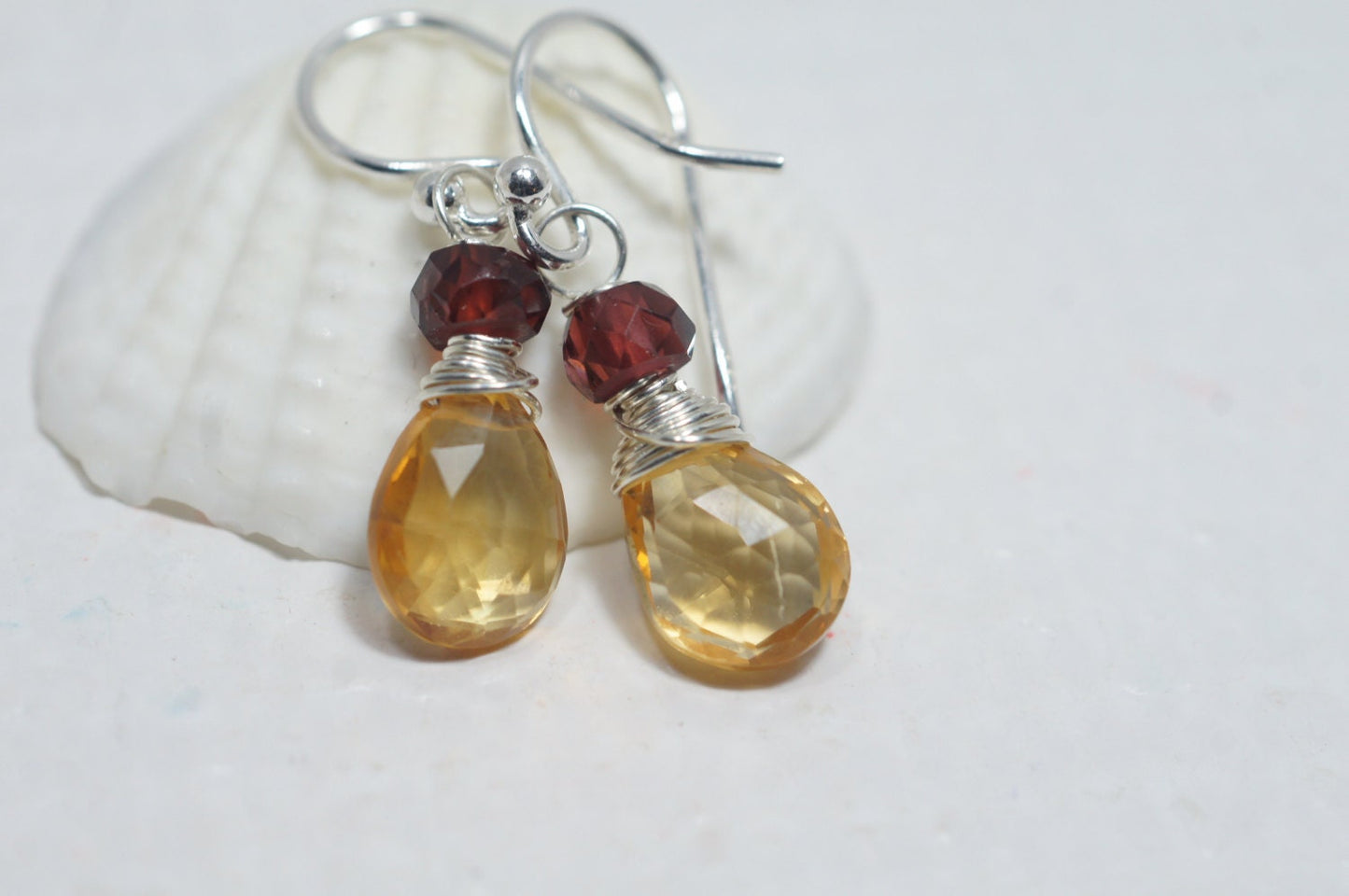 Wire Wrapped Citrine Garnet Earrings, Sterling Silver Teardrop Gemstone