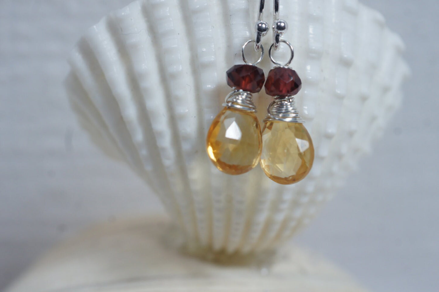 Wire Wrapped Citrine Garnet Earrings, Sterling Silver Teardrop Gemstone