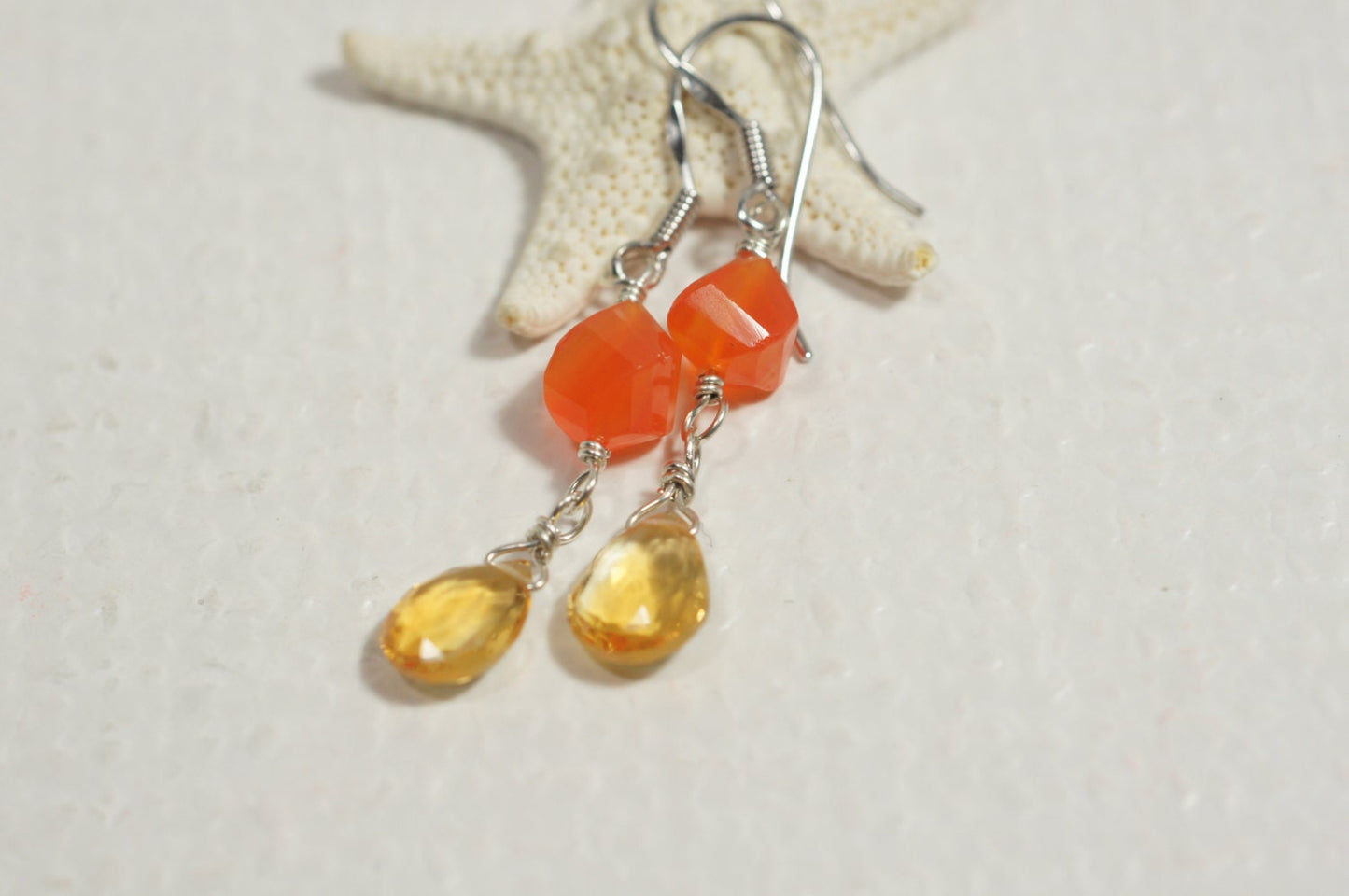 Carnelian Citrine Earrings, Sterling Silver Wire Wrapped Teardrops