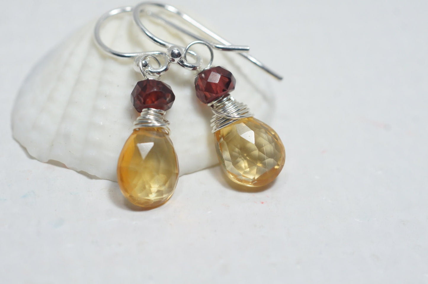Wire Wrapped Citrine Garnet Earrings, Sterling Silver Teardrop Gemstone