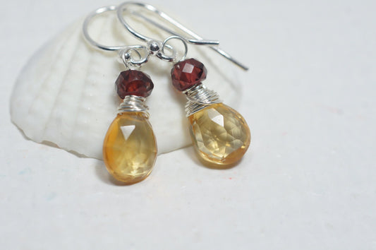 Wire Wrapped Citrine Garnet Earrings, Sterling Silver Teardrop Gemstone