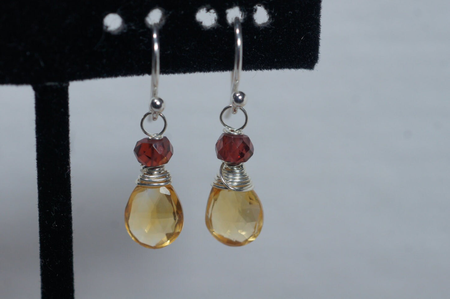 Wire Wrapped Citrine Garnet Earrings, Sterling Silver Teardrop Gemstone