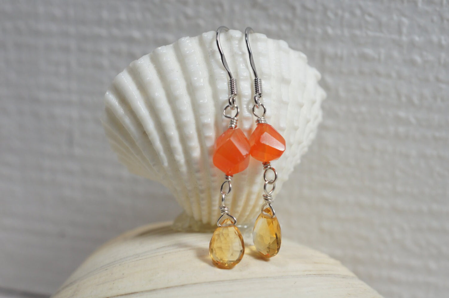 Carnelian Citrine Earrings, Sterling Silver Wire Wrapped Teardrops