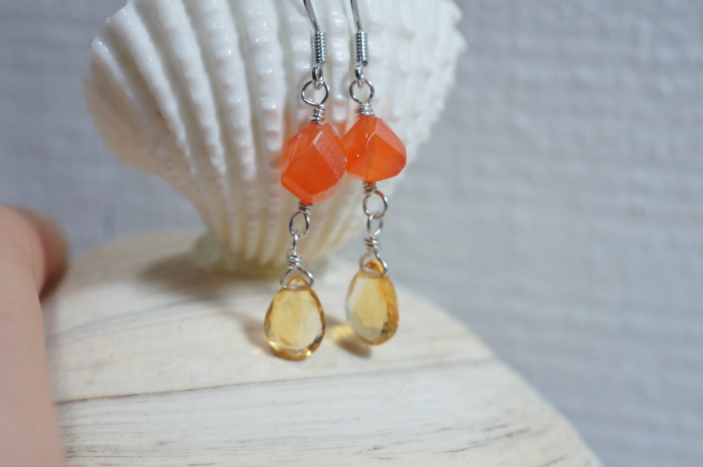 Carnelian Citrine Earrings, Sterling Silver Wire Wrapped Teardrops