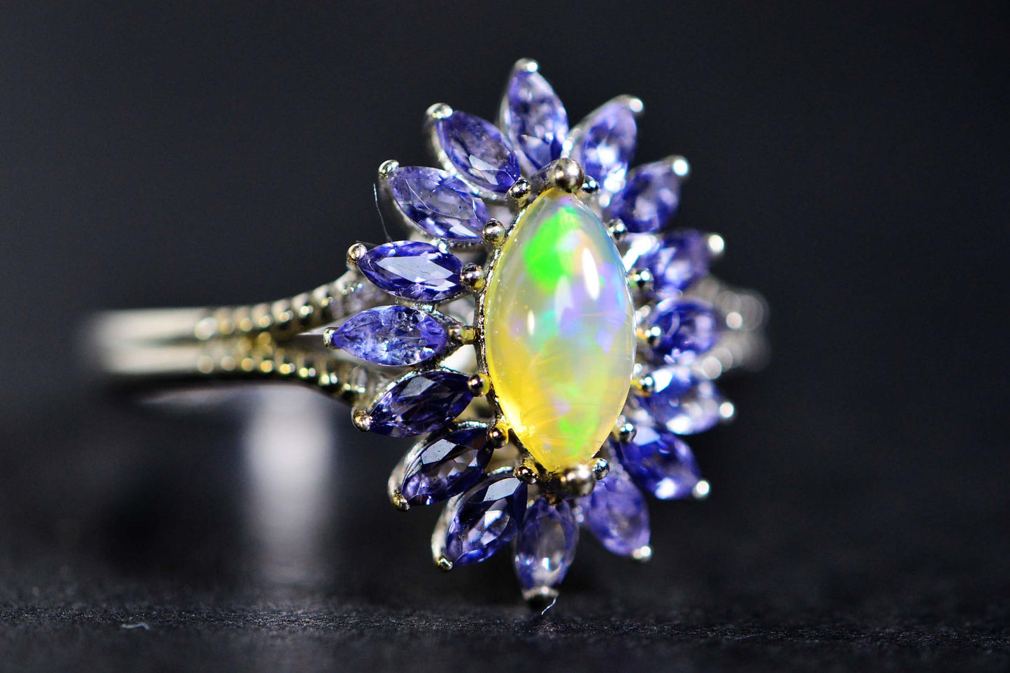 Ethiopian Opal Tanzanite Halo Ring: Marquise Sterling Silver Gemstone