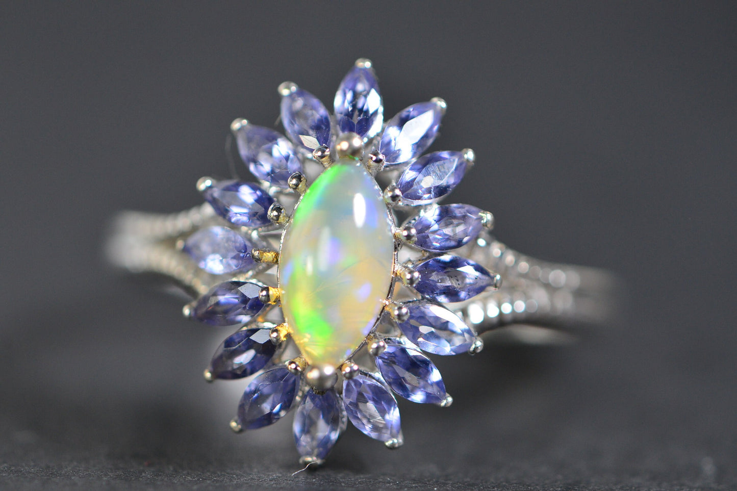 Ethiopian Opal Tanzanite Halo Ring: Marquise Sterling Silver Gemstone