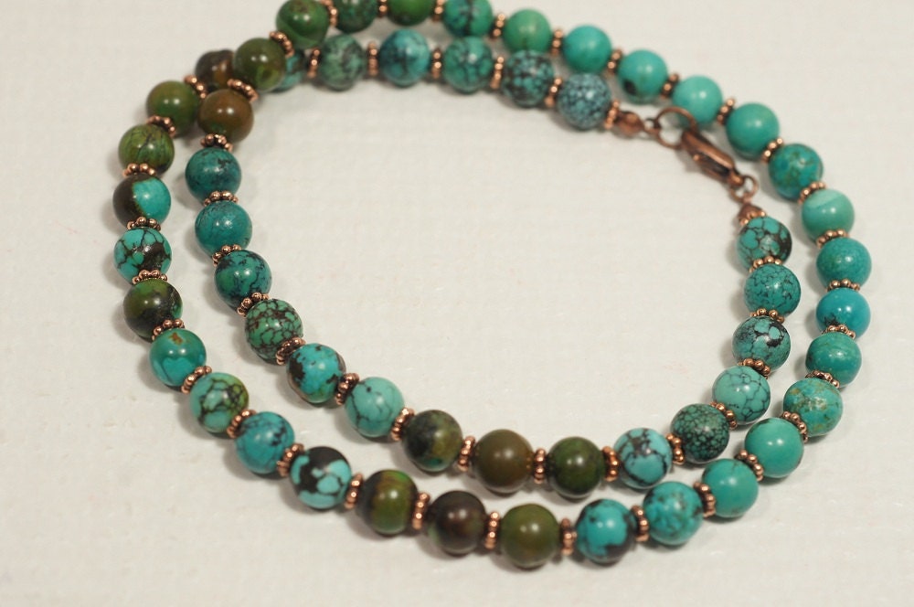 African Turquoise & Copper Beaded Necklace, 20 Inch