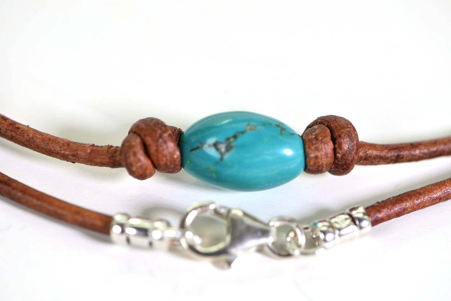 Kingman Turquoise Necklace: Sterling Silver Clasp, Natural Leather Cord