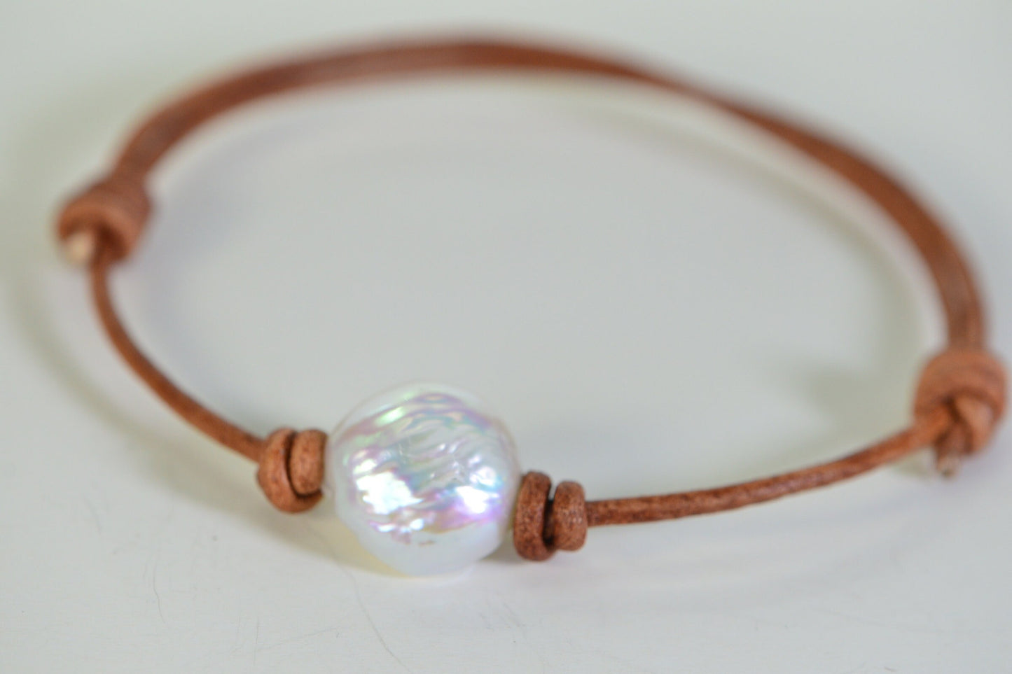 Natural Pearl Coin Bracelet: Leather Cord, Adjustable Knot