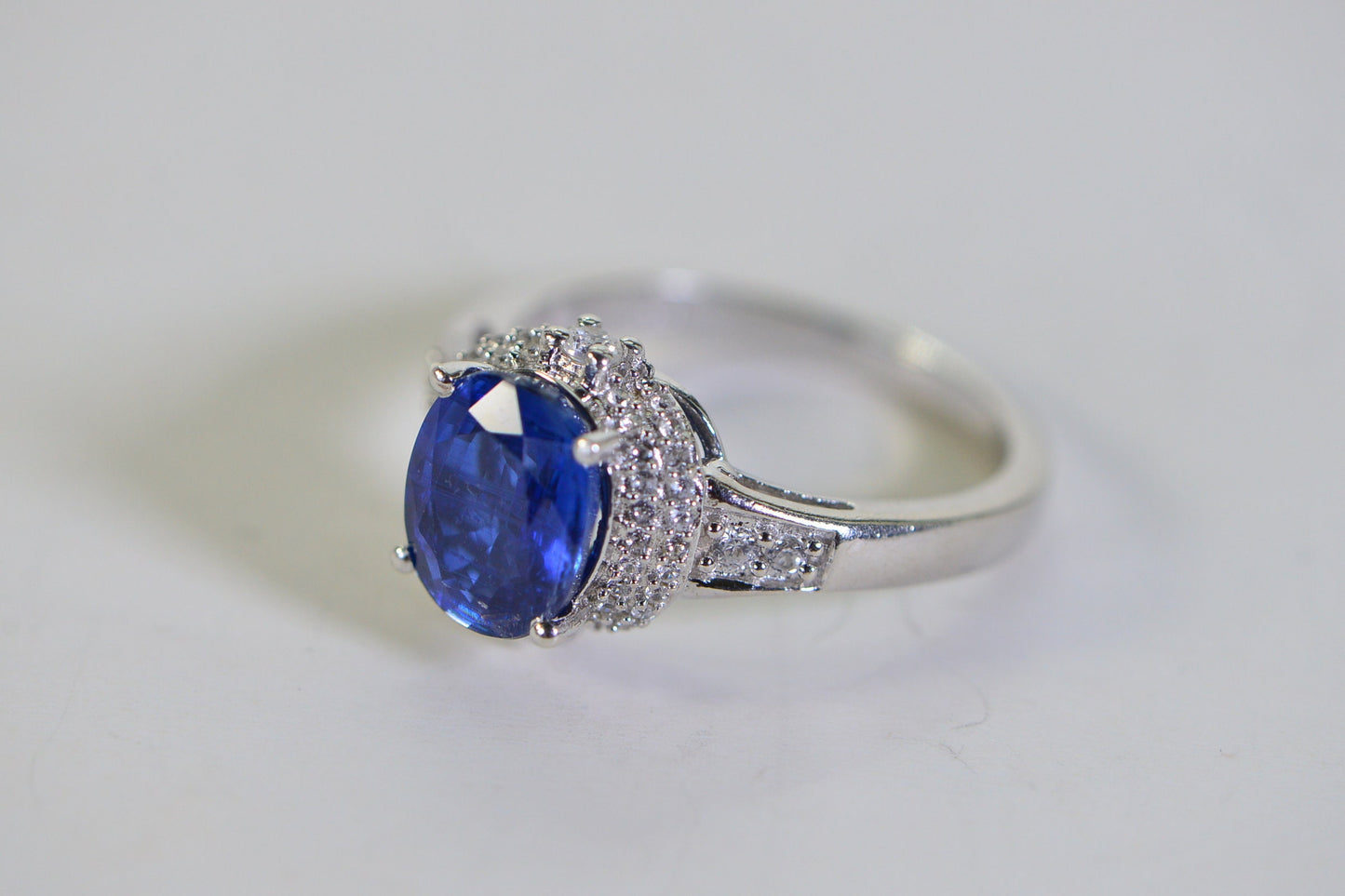 Natural Sapphire Halo Ring: Sterling Silver CZ Accent Engagement Ring