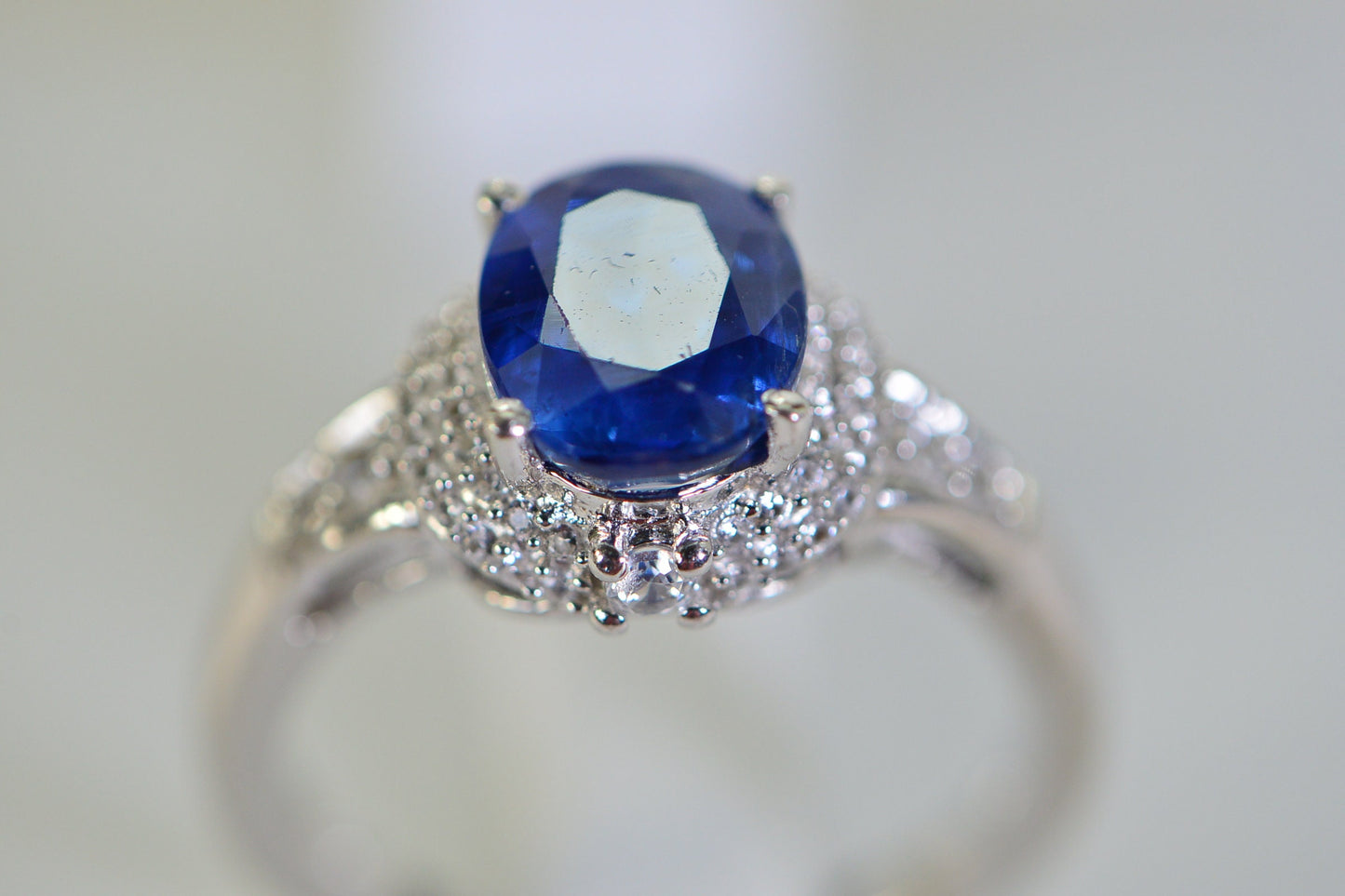 Natural Sapphire Halo Ring: Sterling Silver CZ Accent Engagement Ring
