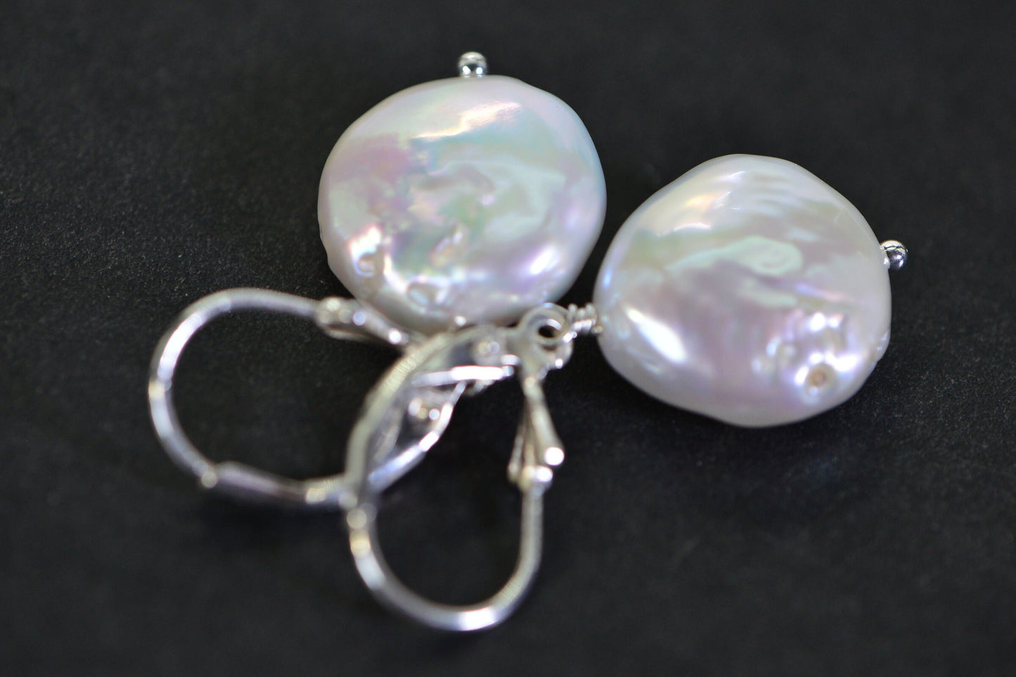 Pearl Dangle Earrings Coin AAA Pearl 14 mm Sterling silver Wire Wrapped
