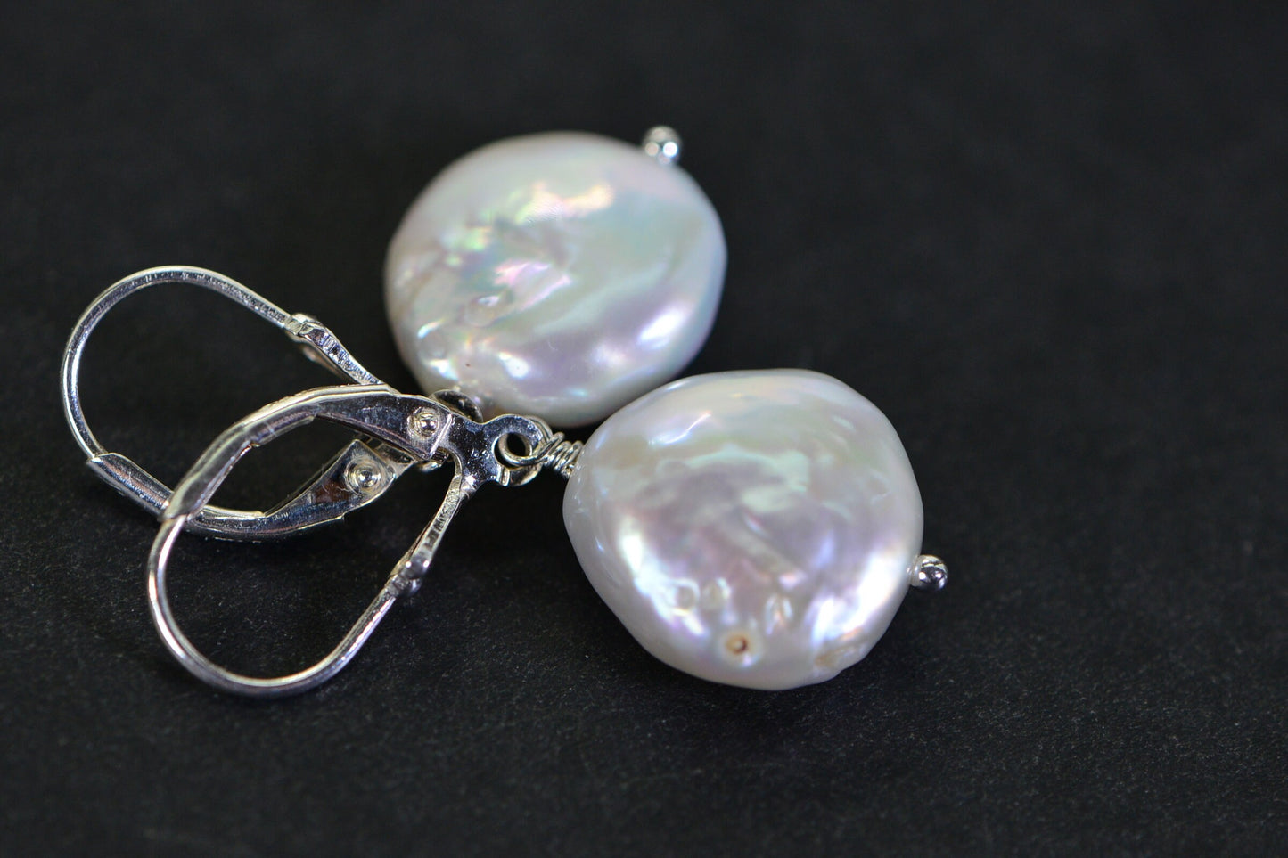 Pearl Dangle Earrings Coin AAA Pearl 14 mm Sterling silver Wire Wrapped