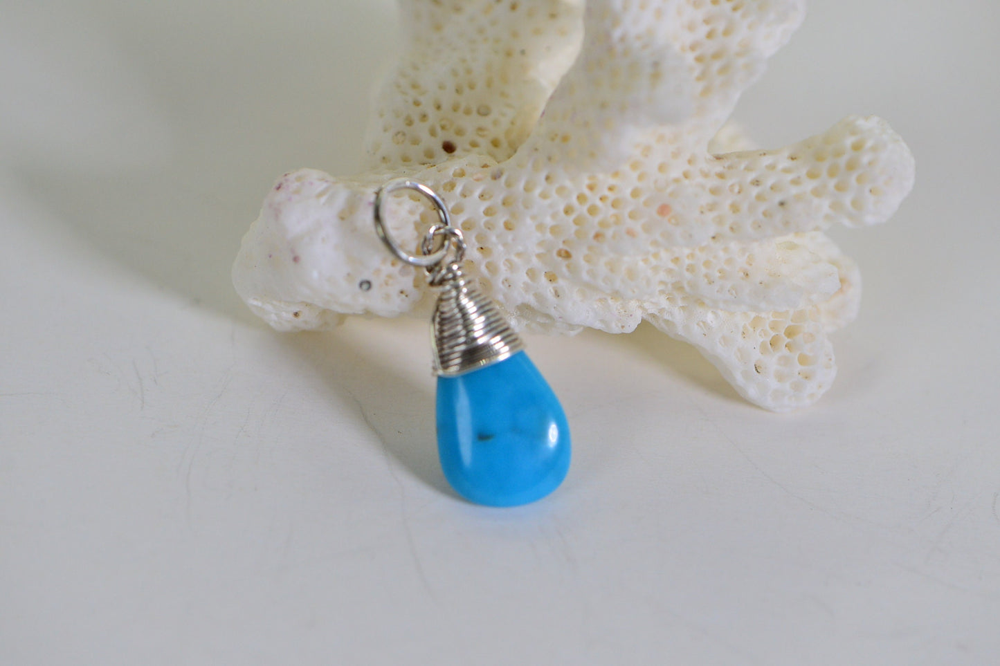 Sleeping Beauty Turquoise Drop Pendant Wire Wrapped Sterling silver Birthstone Charm