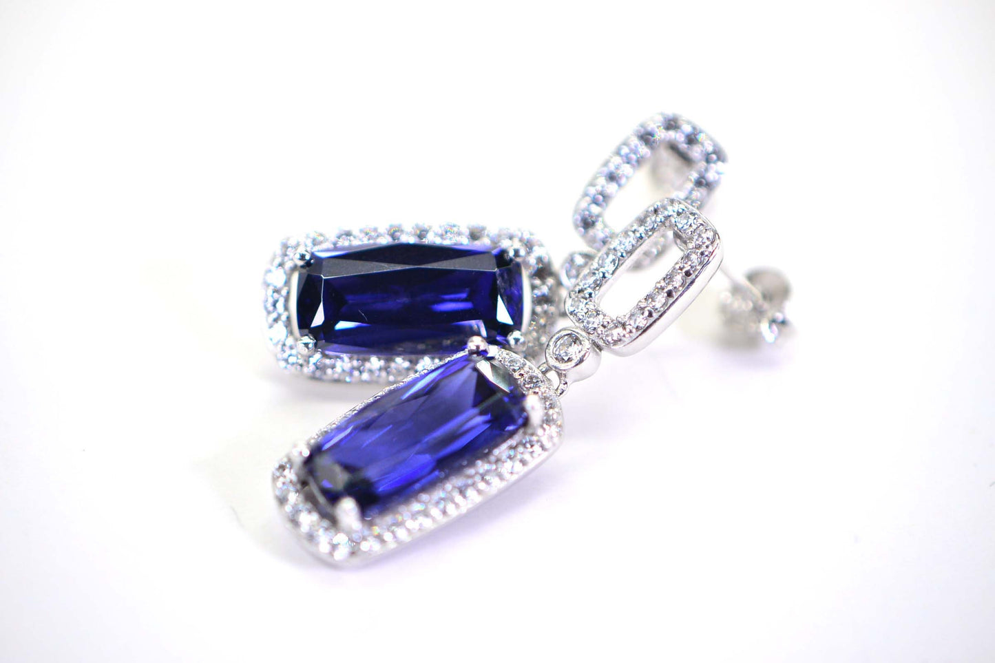 Emerald Cut Tanzanite Earrings: Simulated Diamond Sterling Silver
