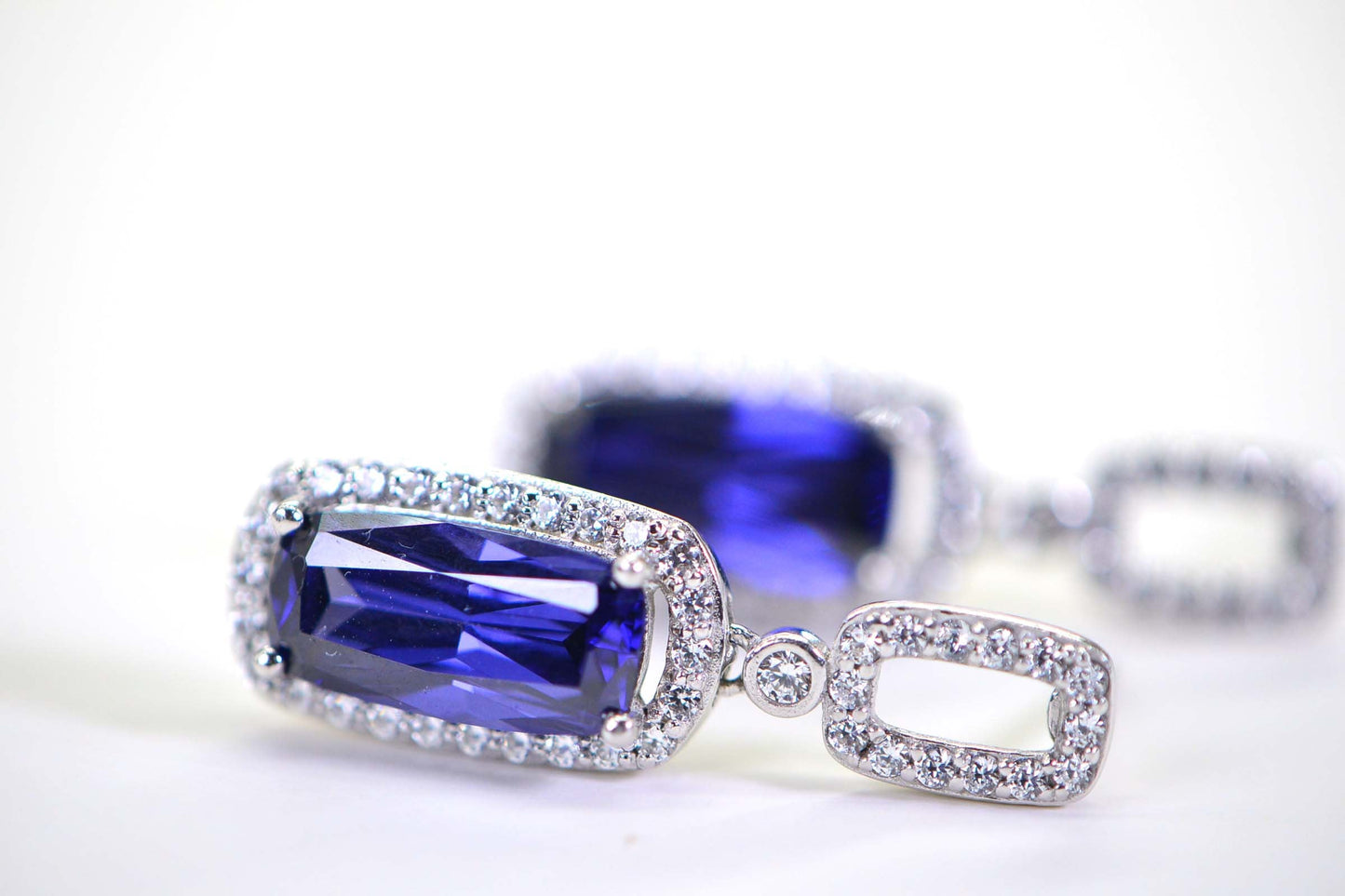 Emerald Cut Tanzanite Earrings: Simulated Diamond Sterling Silver