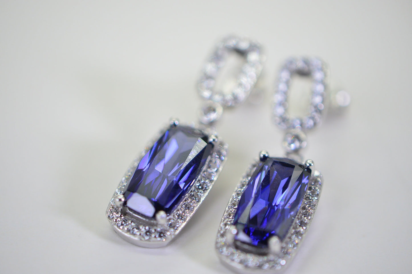 Emerald Cut Tanzanite Earrings: Simulated Diamond Sterling Silver