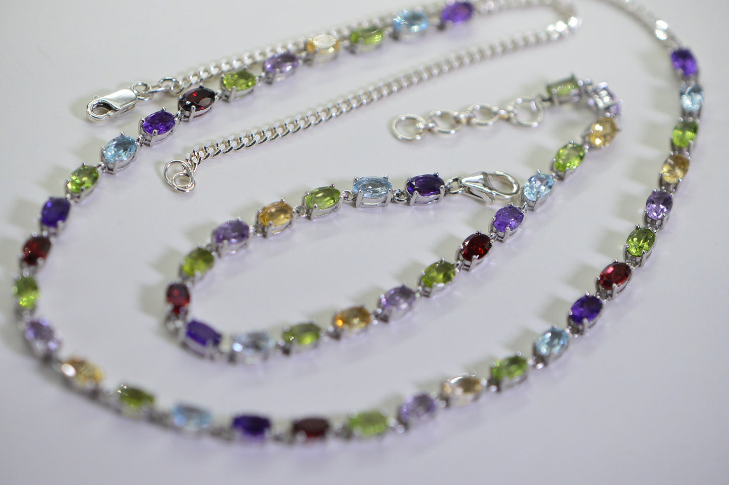 Sterling Silver Multi Gemstone Necklace Bracelet Set: Rainbow Chain