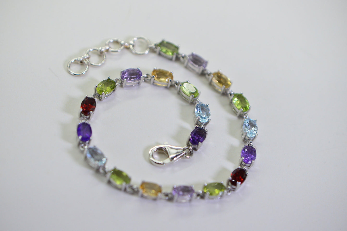 Sterling Silver Multi Gemstone Necklace Bracelet Set: Rainbow Chain