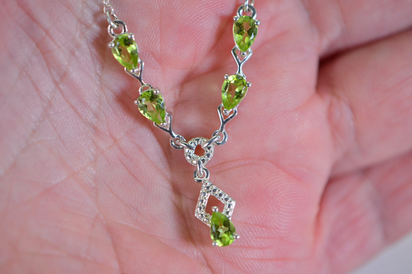 Natural Peridot Sterling Silver Necklace, Prong Set Pear Choker