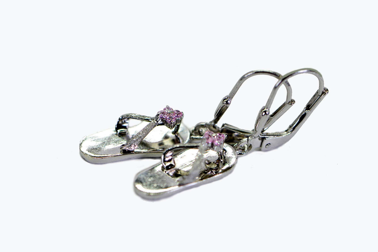 Sandals Dangle Earrings: Pink Simulated Diamond Sterling Silver Rhodium Finish