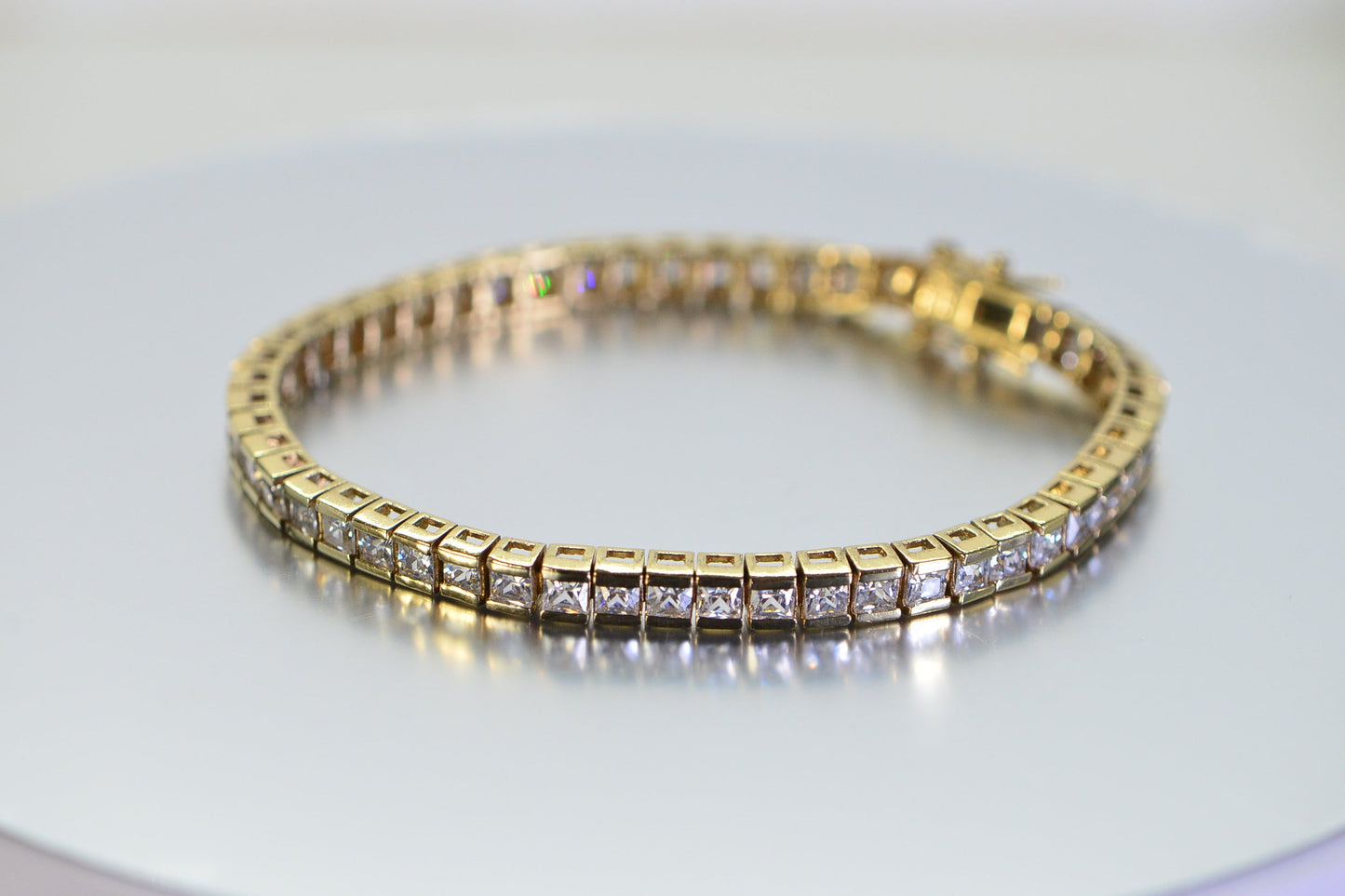 Princess Cut Cubic Zirconia Tennis Bracelet: 14K Yellow Gold Over Sterling Silver, 6.5 Inch