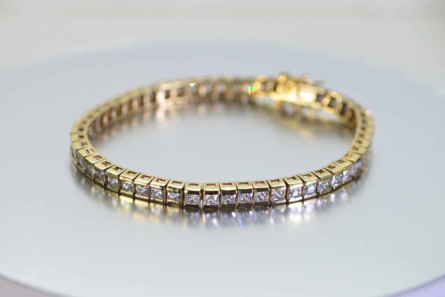 Princess Cut Cubic Zirconia Tennis Bracelet: 14K Yellow Gold Over Sterling Silver, 6.5 Inch