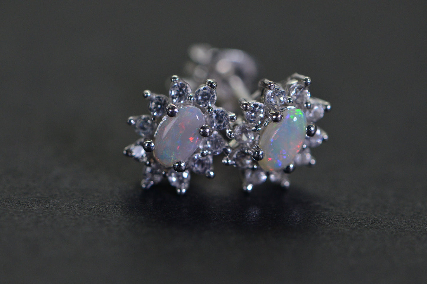Australian Opal Stud Earrings: Sterling Silver Halo, October Birthstone