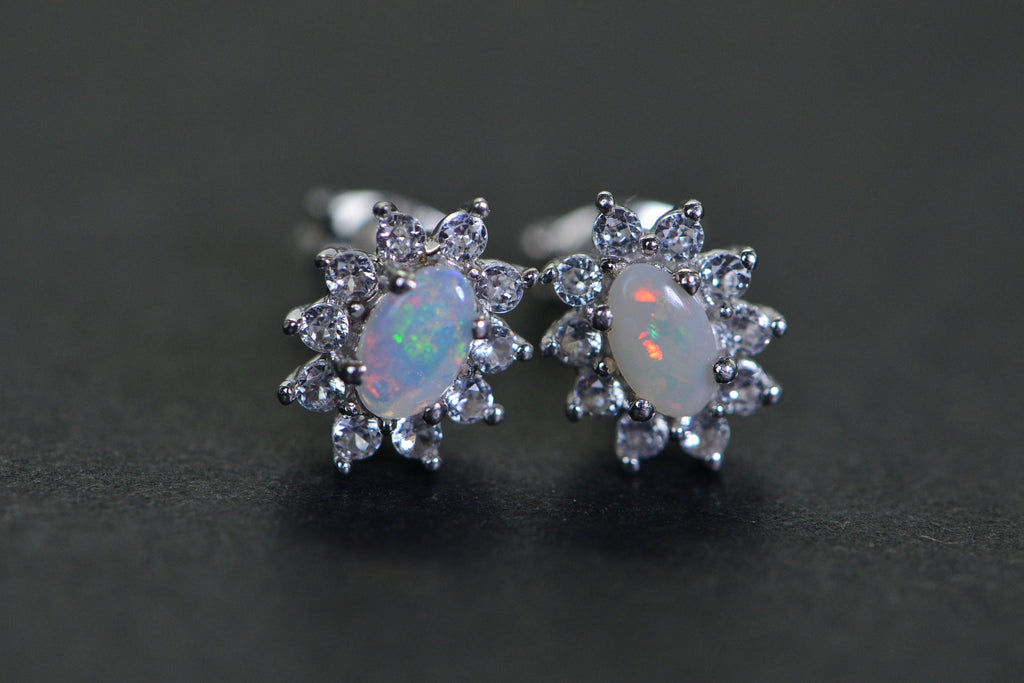 Australian Opal Stud Earrings: Sterling Silver Halo, Handmade Jewelry