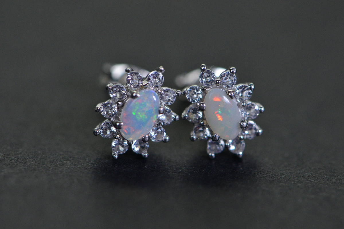 Australian Opal Stud Earrings: Sterling Silver Halo, Handmade Jewelry