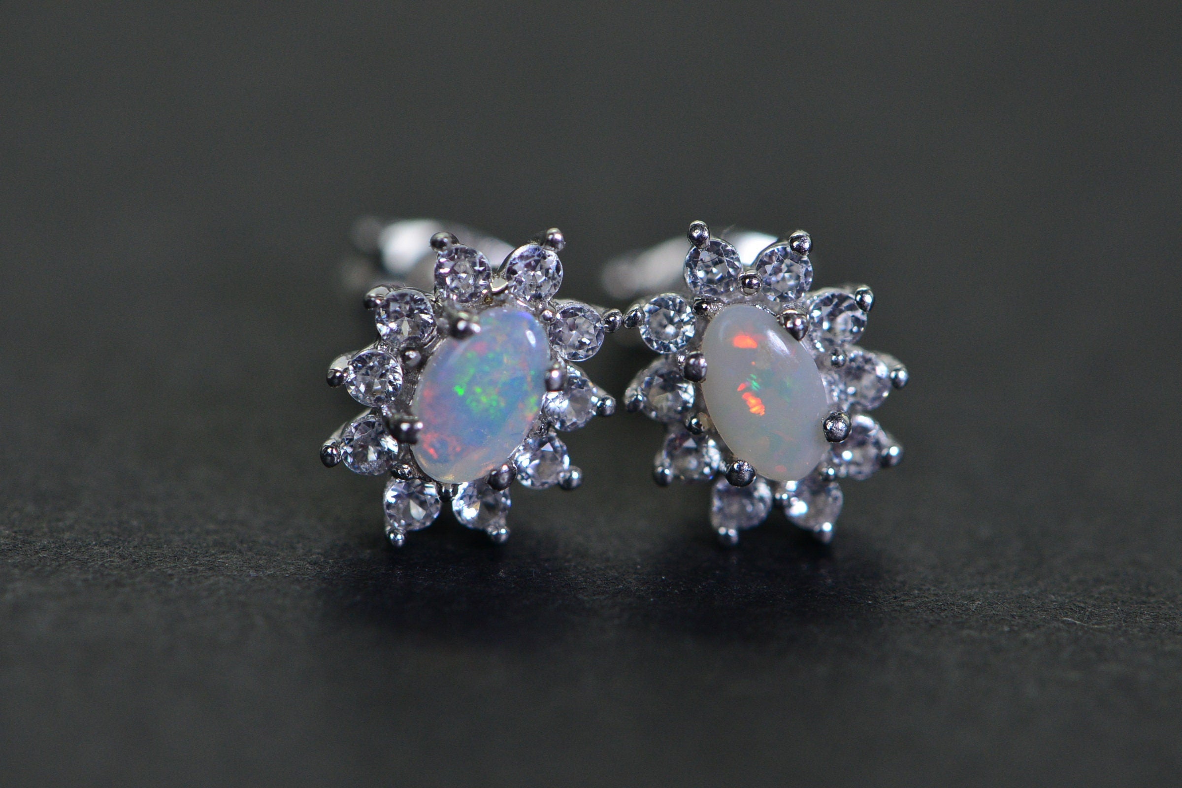 Australian Opal Stud Earrings: Sterling Silver Halo, Handmade Jewelry