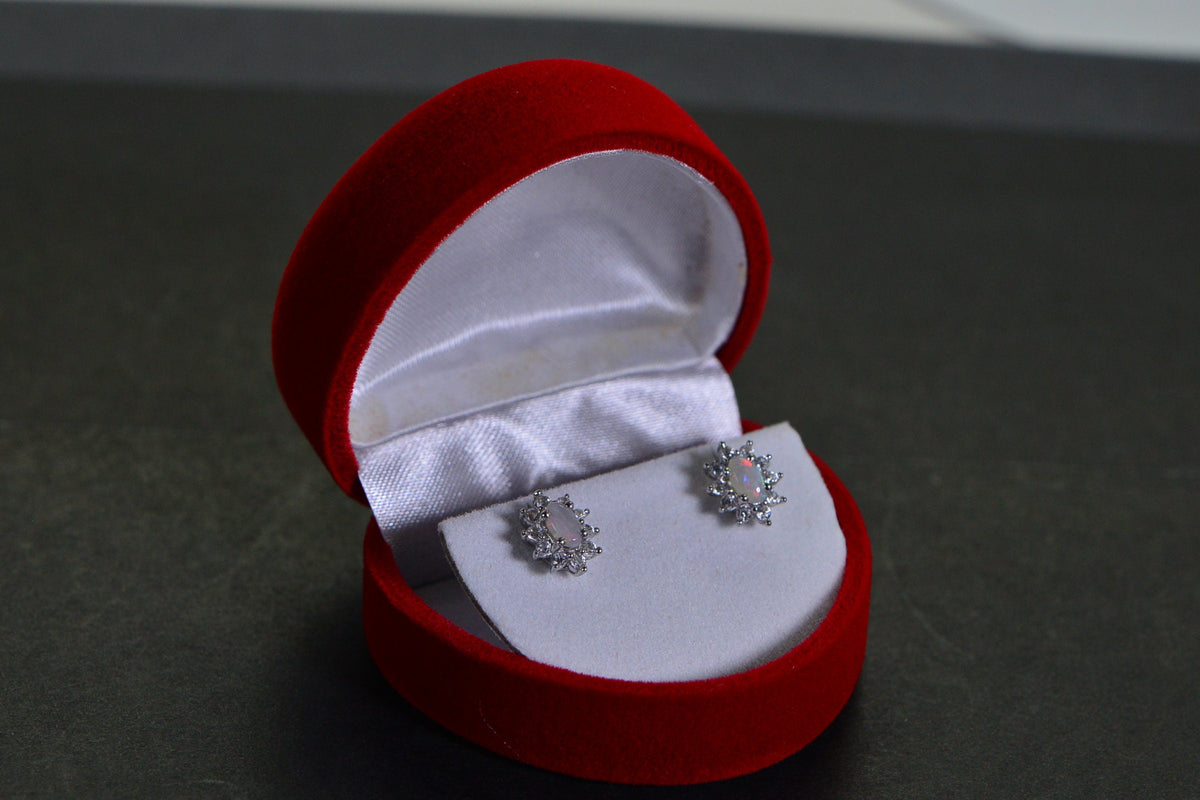 Australian Opal Stud Earrings: Sterling Silver Halo, Handmade Jewelry