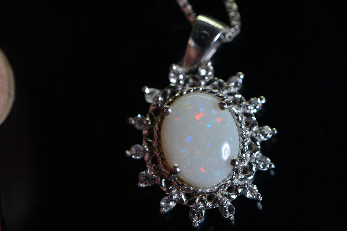 Australian Opal Flower Pendant: 14K White Gold over Sterling Silver