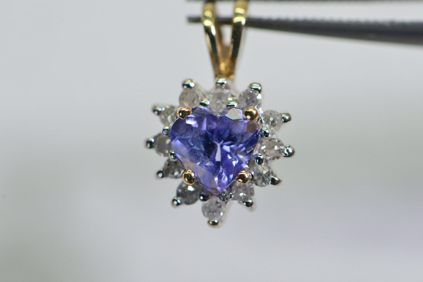 Vintage 10K Yellow Gold Tanzanite Heart Pendant with Diamond Halo