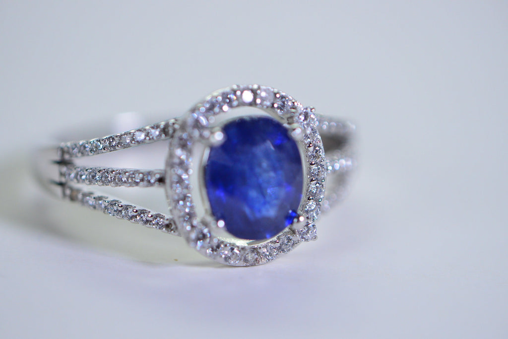Blue Sapphire Halo Ring: Simulated Diamond, 14K White Gold Over Sterling Silver