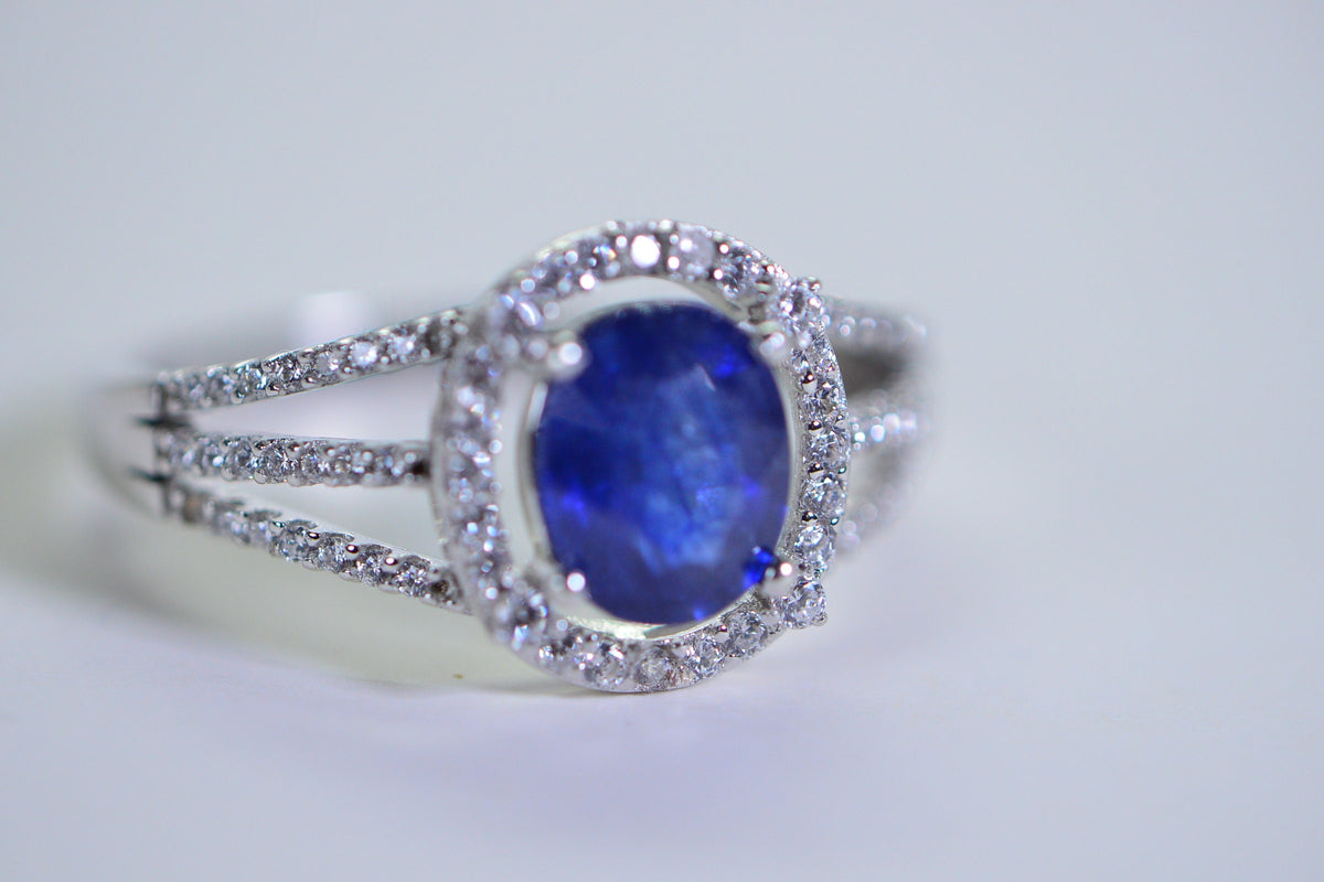 Blue Sapphire Halo Ring: Simulated Diamond, 14K White Gold Over Sterling Silver