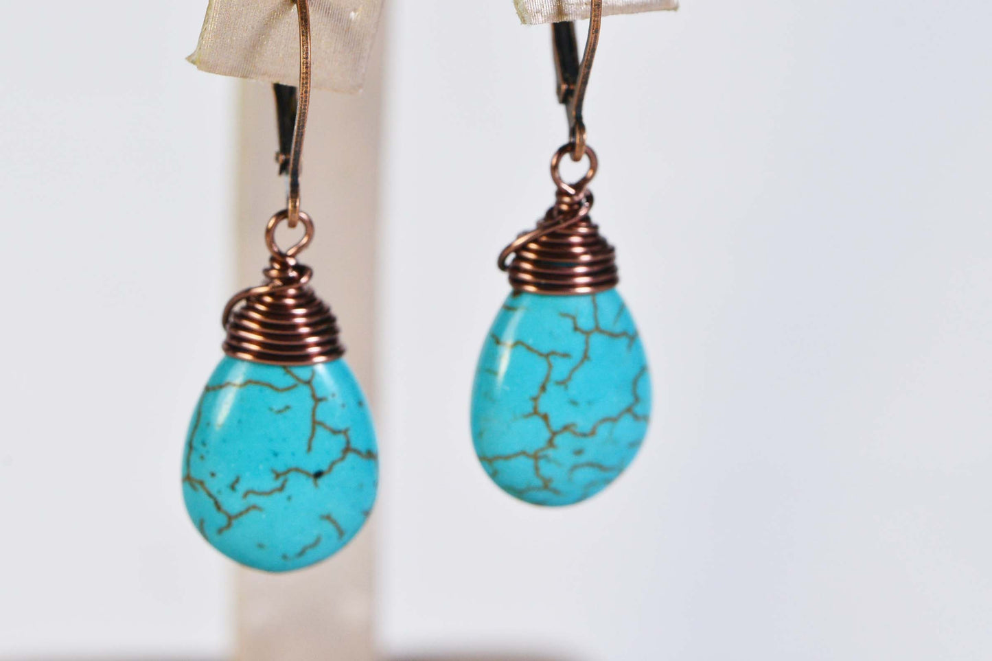 Copper Wire Wrapped Turquoise Teardrop Earrings