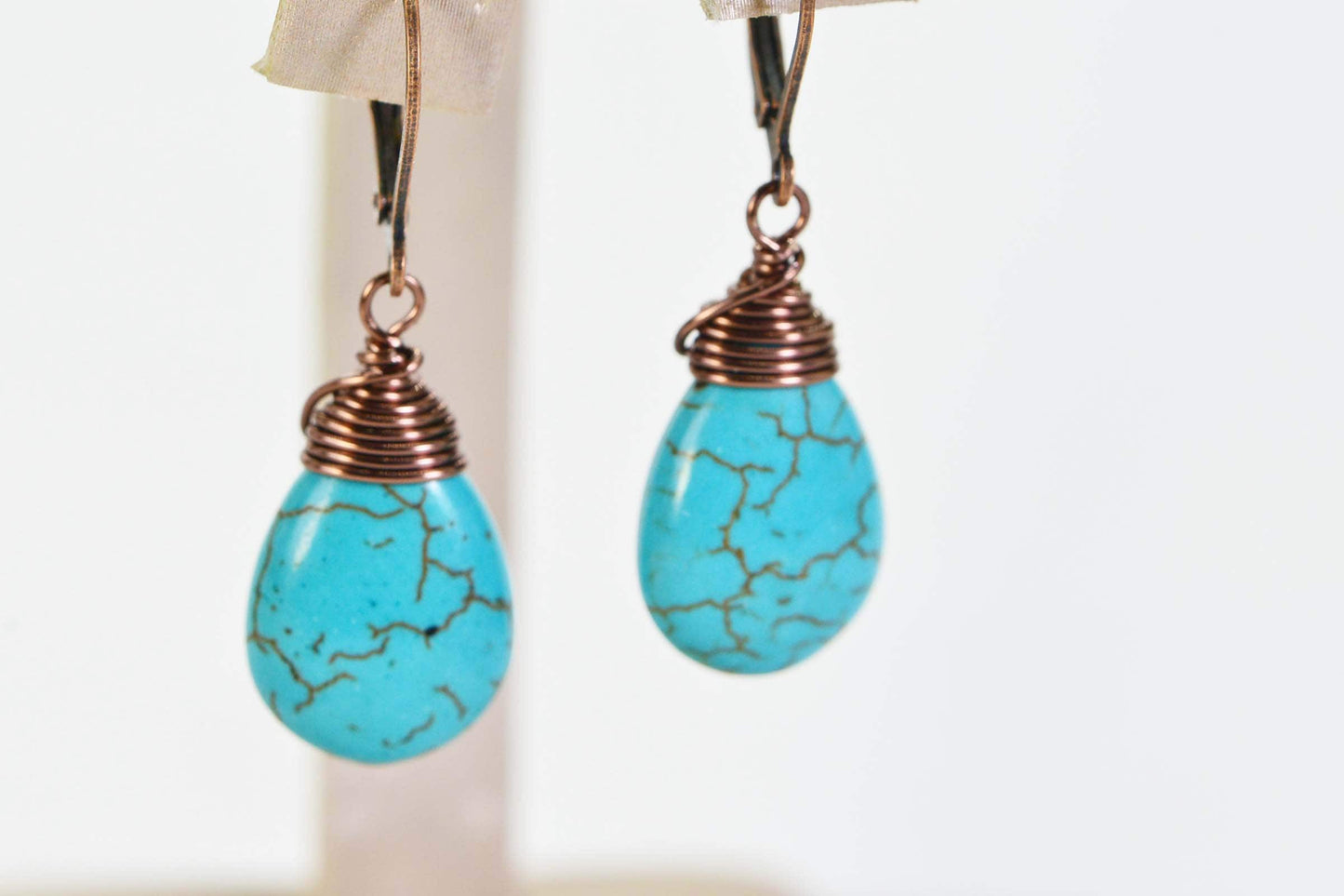 Copper Wire Wrapped Turquoise Teardrop Earrings