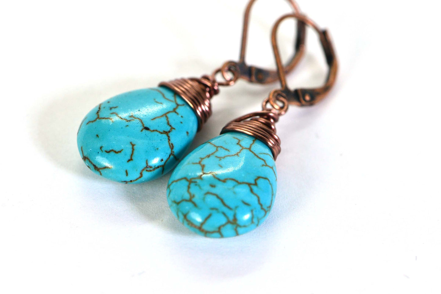 Copper Wire Wrapped Turquoise Teardrop Earrings