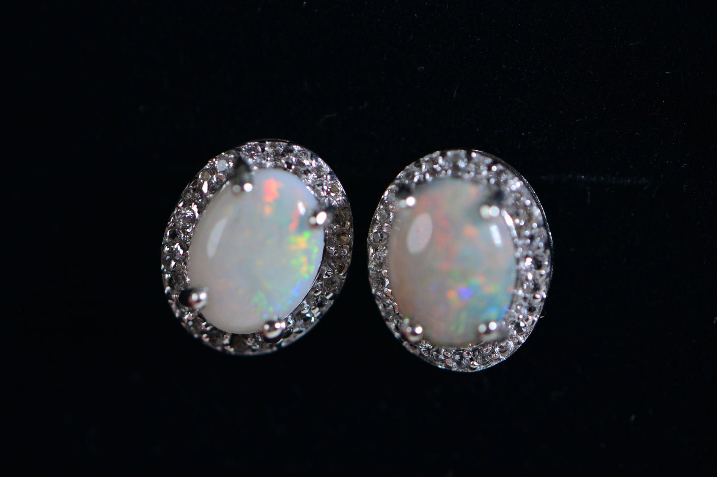 Australian White Opal Stud Earrings, Halo Diamond, October Birthstone
