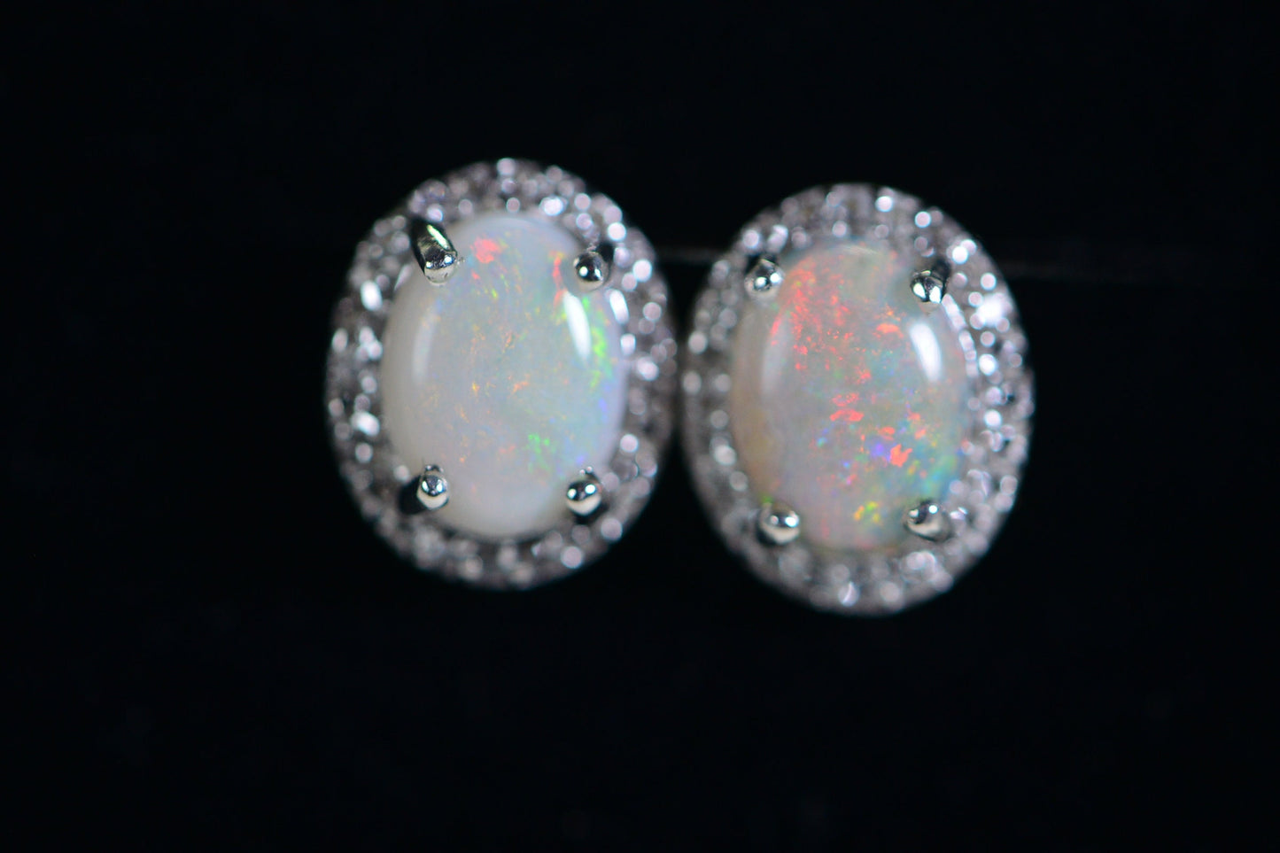 Australian White Opal Stud Earrings, Halo Diamond, October Birthstone