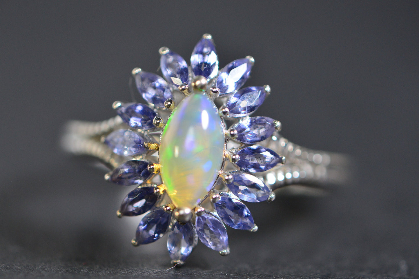 Ethiopian Opal Tanzanite Halo Ring: Marquise Sterling Silver Gemstone