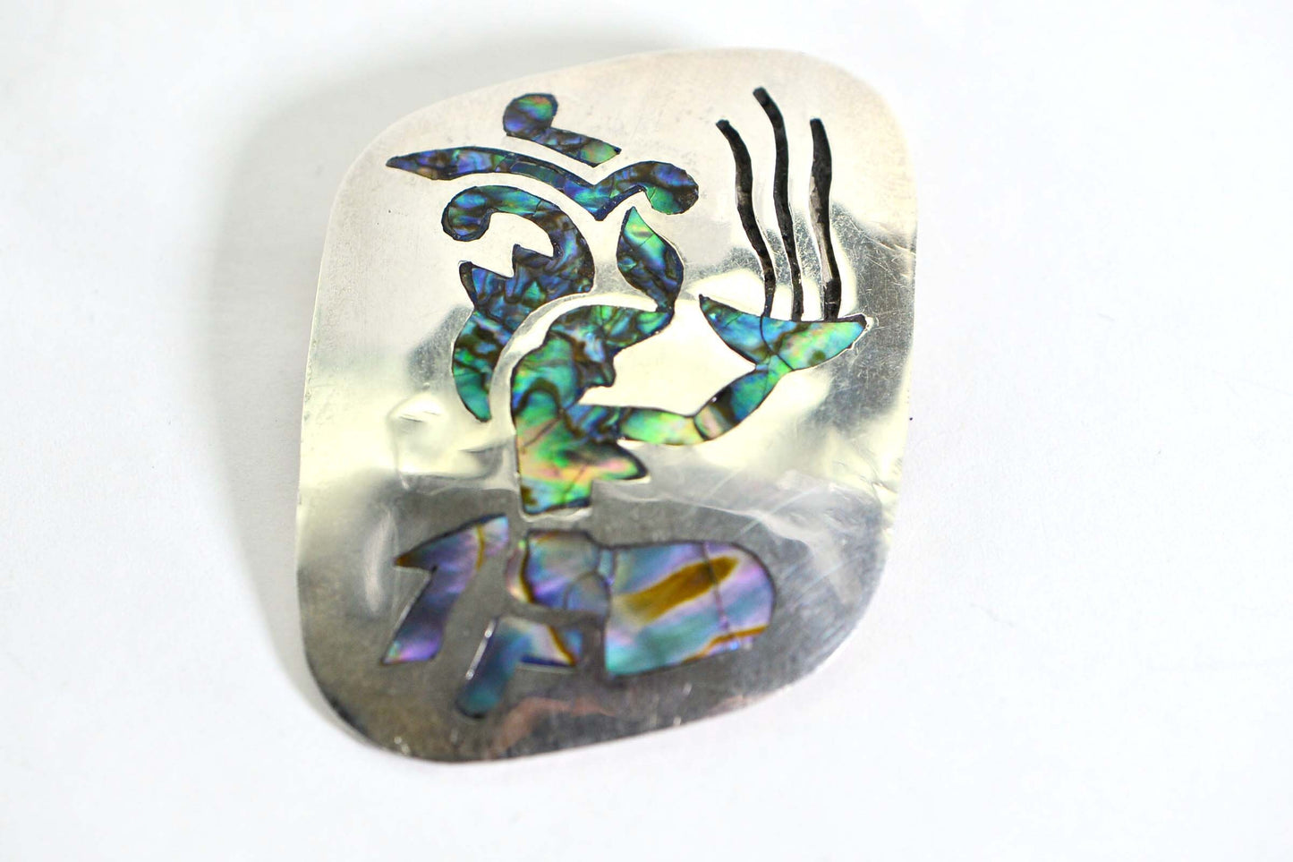 Vintage Abalone Inlay Archer Brooch Pendant: 925 Sterling Silver Mexico